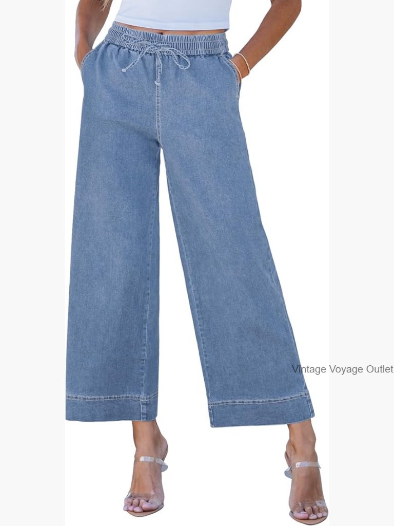 High Waisted Wide Leg Cropped Jeans, Elastic Waist Pull On Stretch Denim
